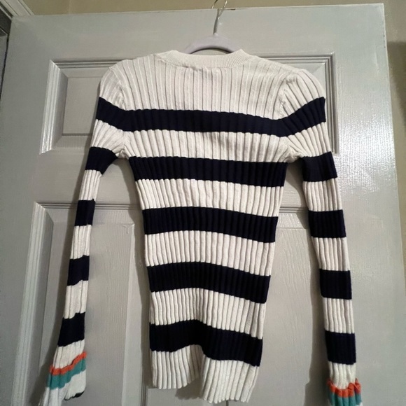 LOFT White & Navy Ribbed Stripe Sweater Dress with Teal & Orange Cuff Accents - Picture 3 of 3